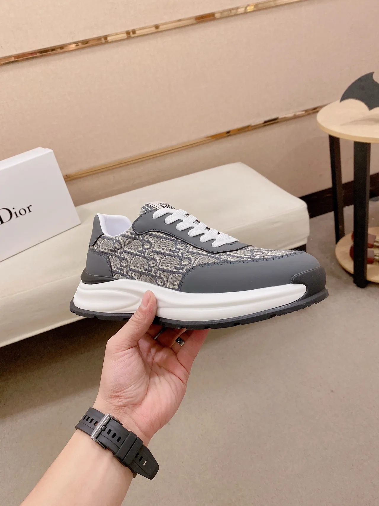 Dior Gray Beige Monogrammed Canvas Upper Structured Dark Overlays Lifestyle Sneakers 5