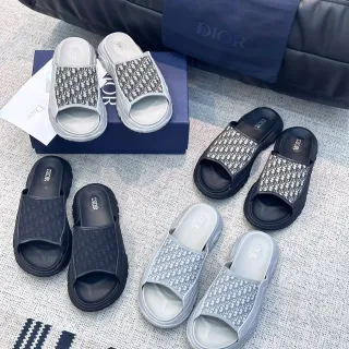 Dior Gray Black Thick Platform Sole Monogram Jacquard Strap Slippers