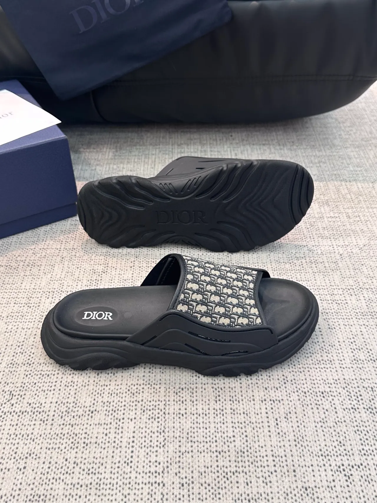 Dior Gray Black Thick Platform Sole Monogram Jacquard Strap Slippers 3