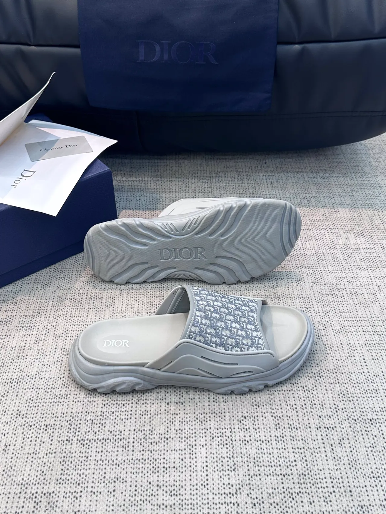 Dior Gray Black Thick Platform Sole Monogram Jacquard Strap Slippers 5