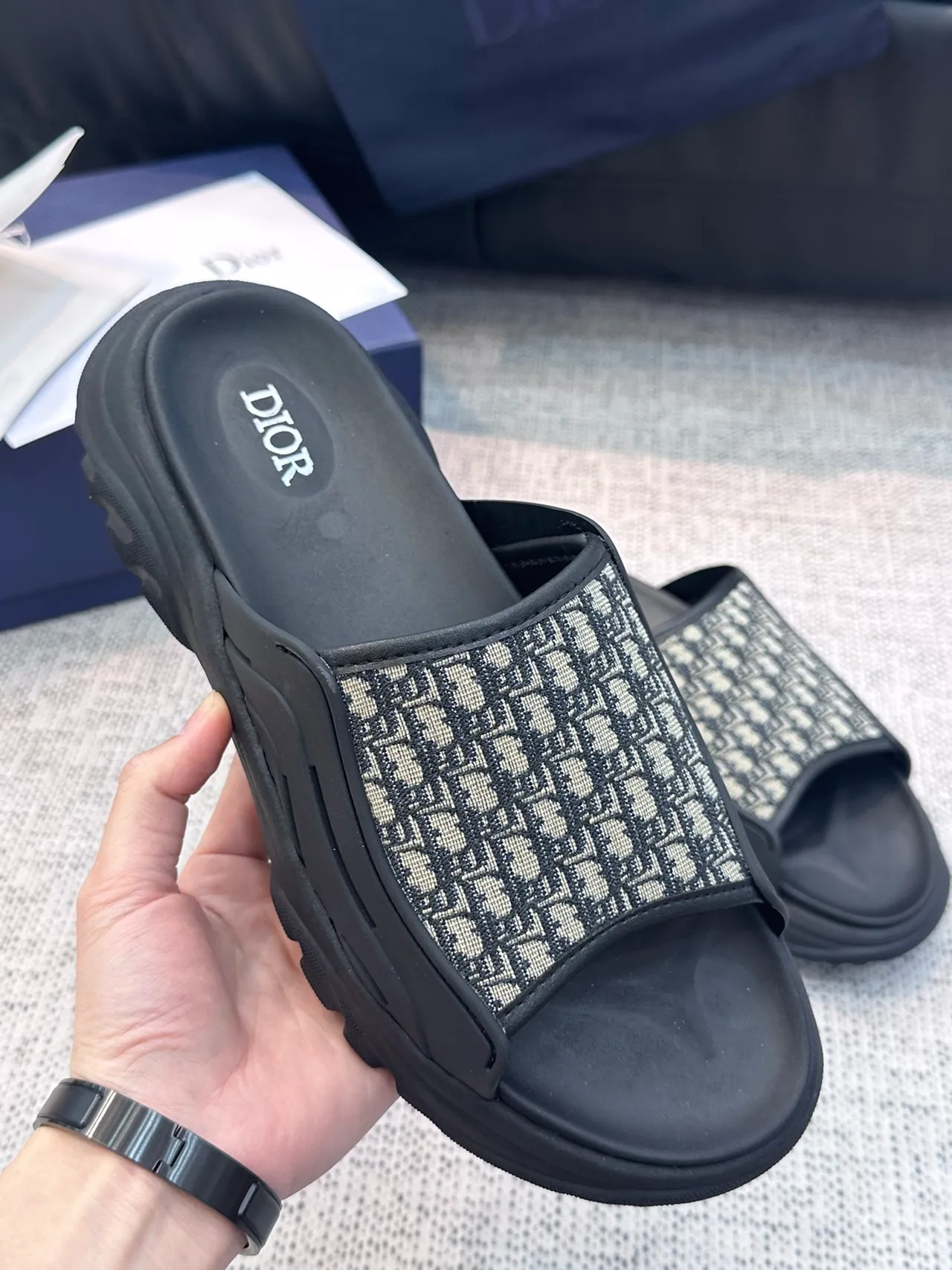 Dior Gray Black Thick Platform Sole Monogram Jacquard Strap Slippers 7