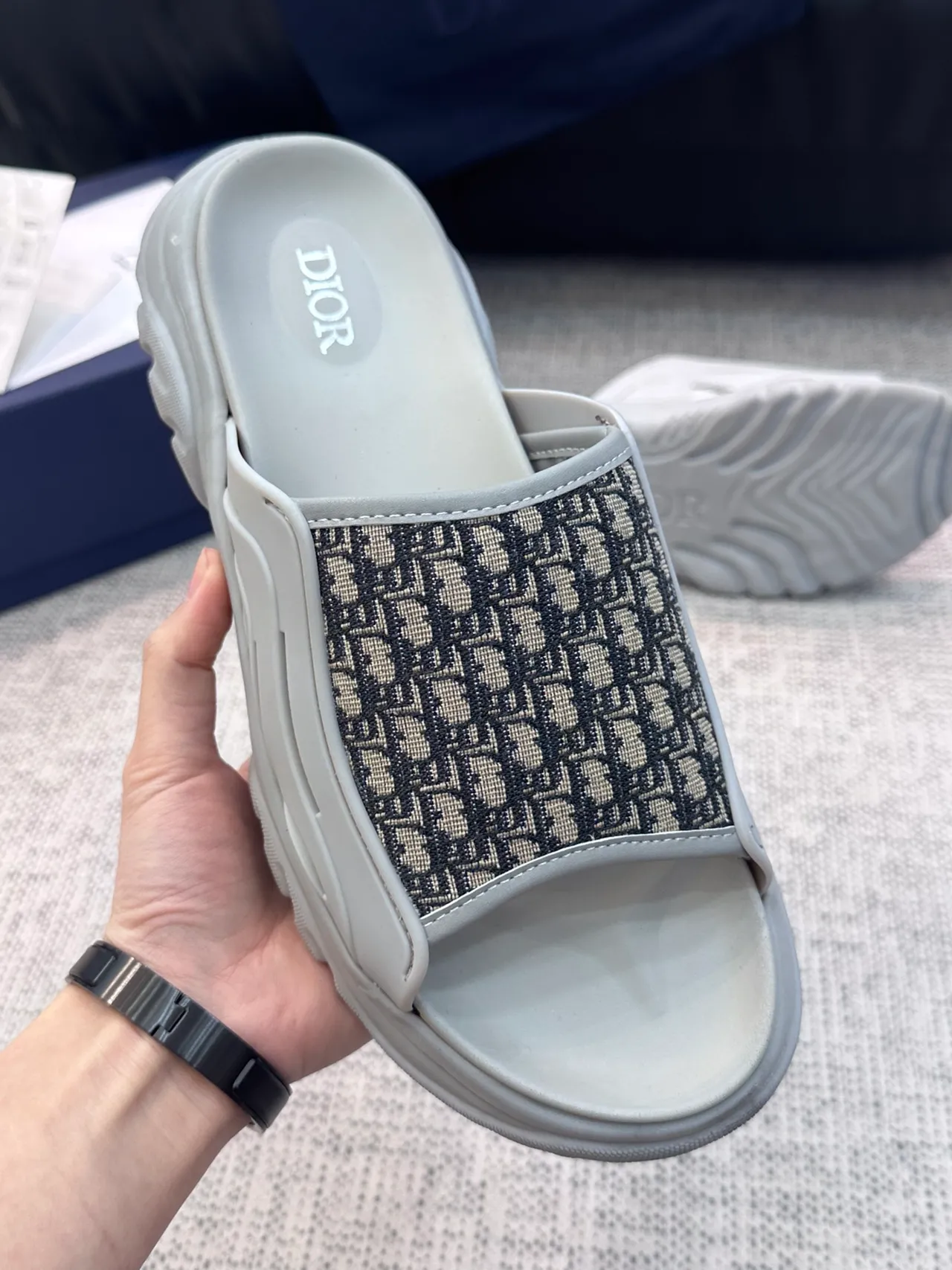 Dior Gray Black Thick Platform Sole Monogram Jacquard Strap Slippers 8