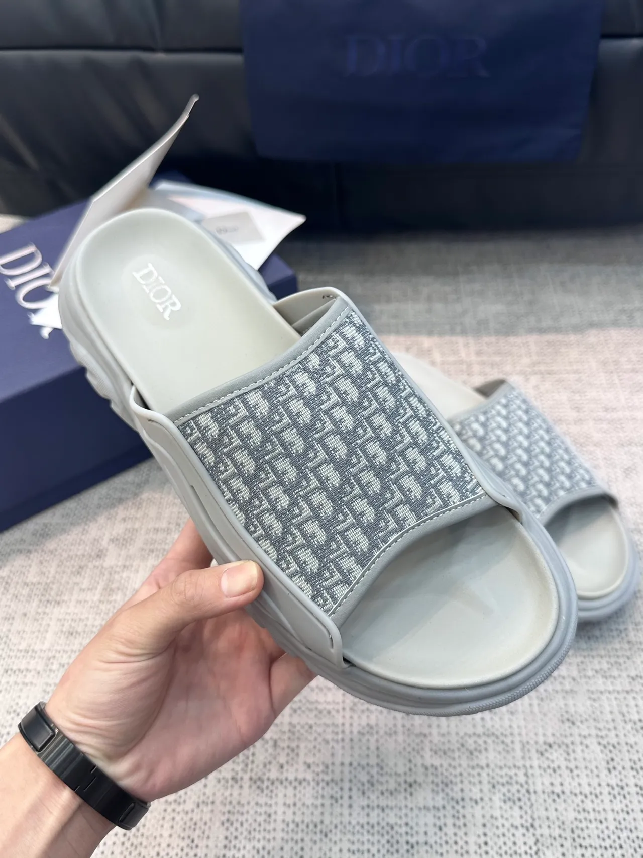 Dior Gray Black Thick Platform Sole Monogram Jacquard Strap Slippers 9