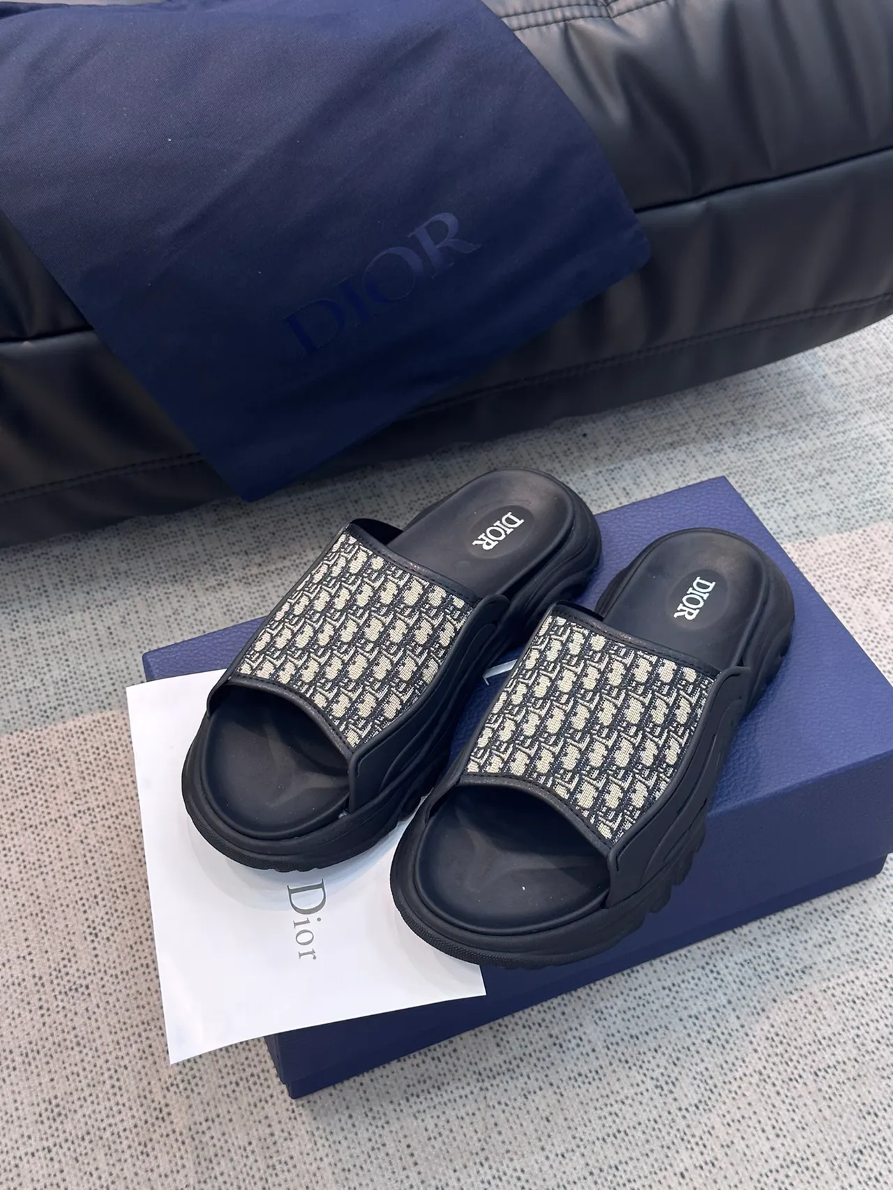 Dior Gray Black Thick Platform Sole Monogram Jacquard Strap Slippers 10