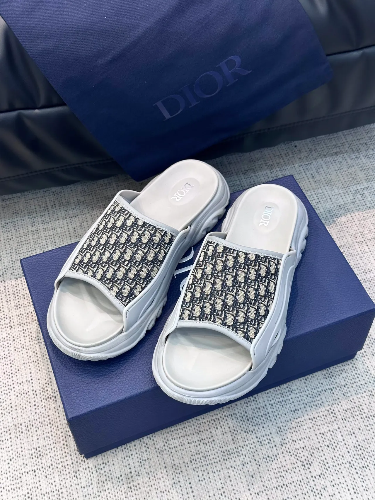 Dior Gray Black Thick Platform Sole Monogram Jacquard Strap Slippers 11