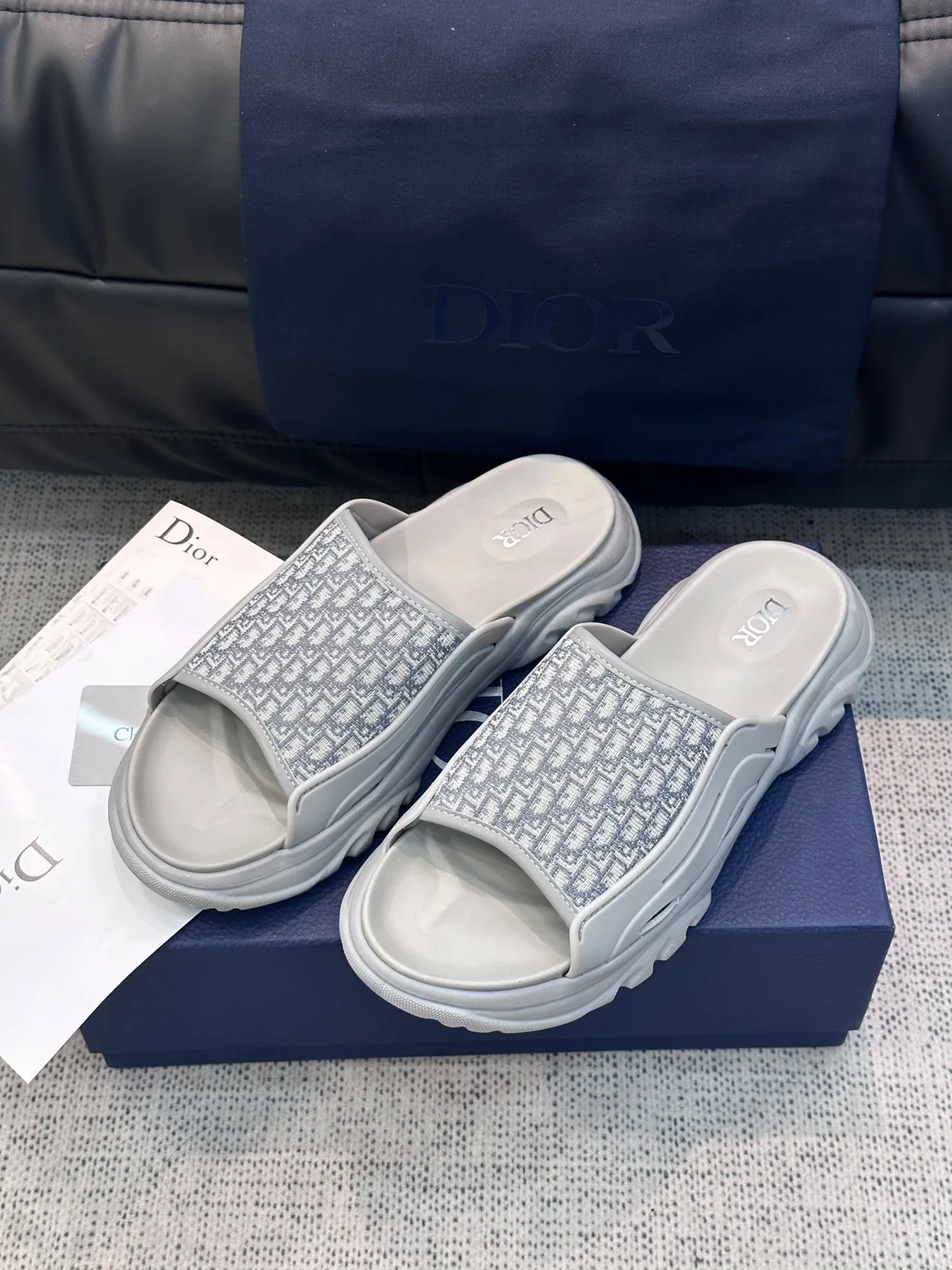 Dior Gray Black Thick Platform Sole Monogram Jacquard Strap Slippers 12