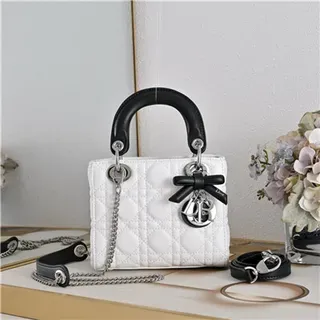 Dior Lady White Black Quilted Cannage Leather Top Handle Handbag