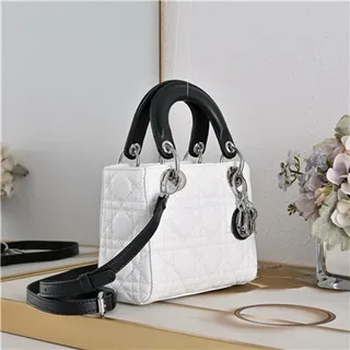Dior Lady White Black Quilted Cannage Leather Top Handle Handbag 8