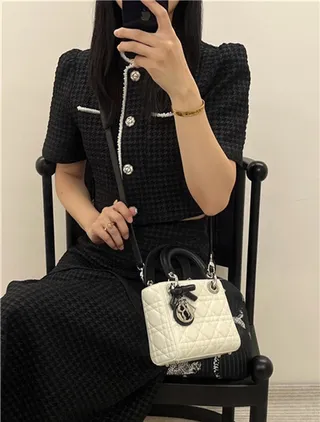 Dior Lady White Black Quilted Cannage Leather Top Handle Handbag 11