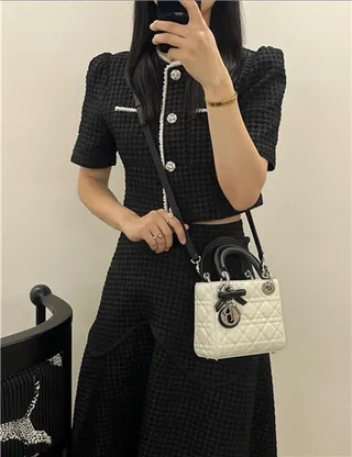Dior Lady White Black Quilted Cannage Leather Top Handle Handbag 16