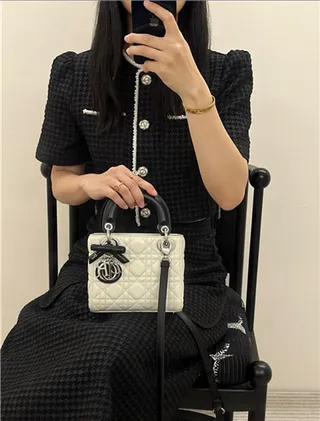 Dior Lady White Black Quilted Cannage Leather Top Handle Handbag 17