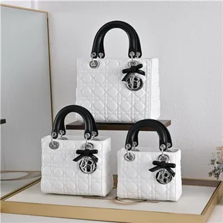 Dior Lady White Black Quilted Cannage Leather Top Handle Handbag 22
