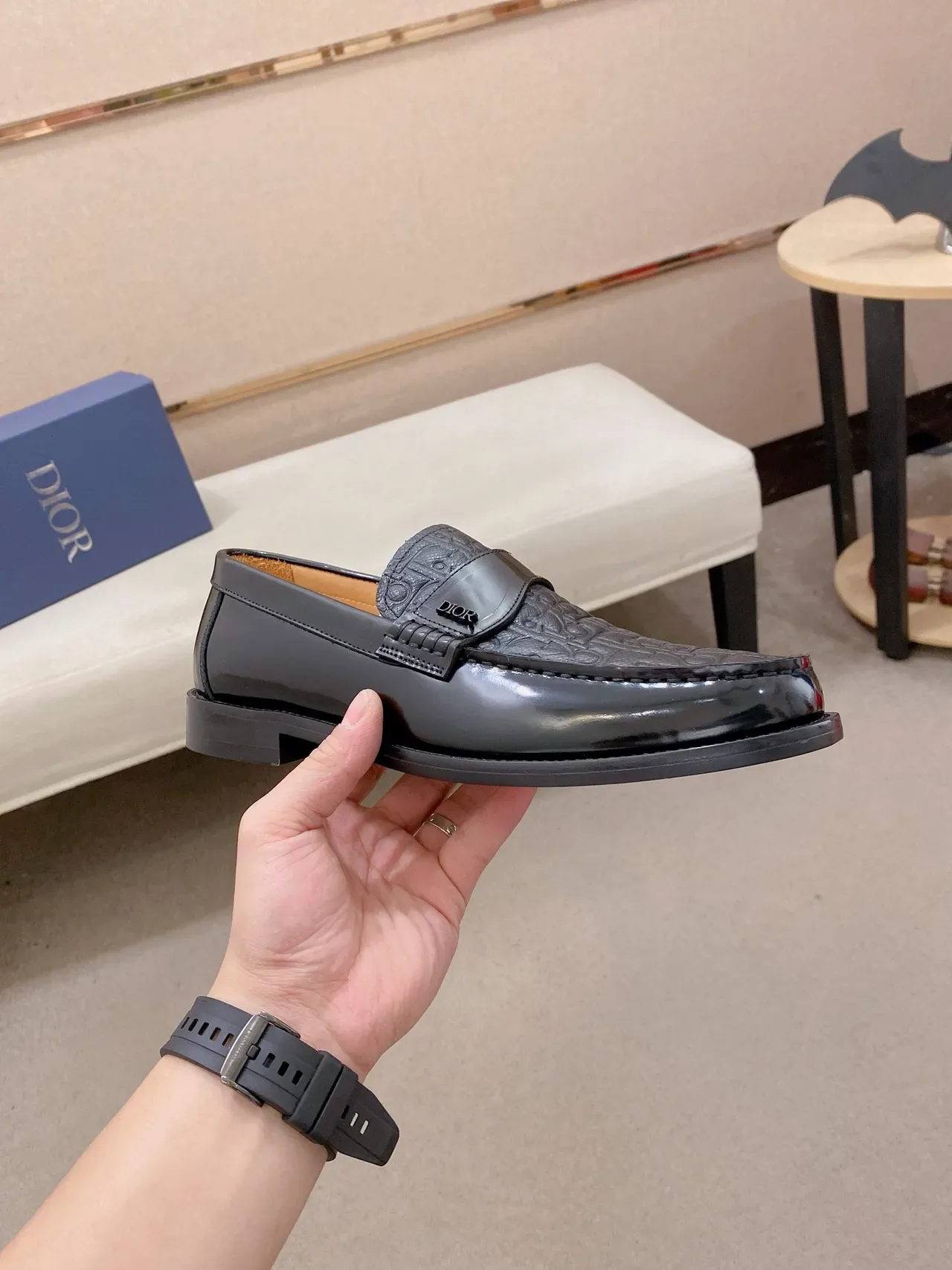 Dior Loafer Black Brown Glossy Patent Leather Embossed Oblique Motif Loafer 4