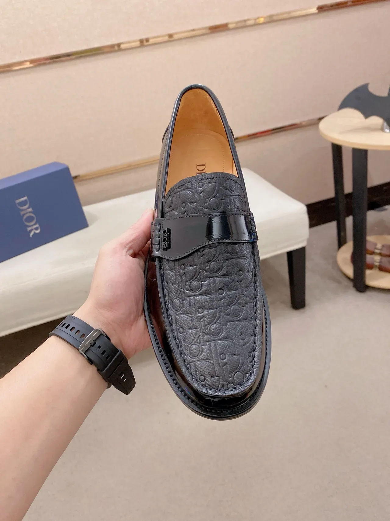 Dior Loafer Black Brown Glossy Patent Leather Embossed Oblique Motif Loafer 5