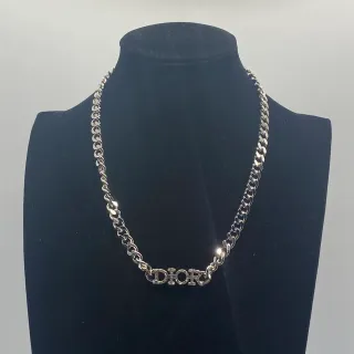 Dior Logo Necklace Silver Chunky Curb Chain Pavé-Letter Pendant Necklace