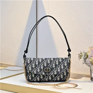 Dior Navy Beige Oblique Monogram Canvas Gold-Tone CD Logo Clasp Chain Bag