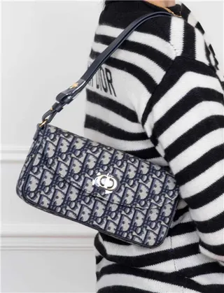 Dior Navy Beige Oblique Monogram Canvas Gold-Tone CD Logo Clasp Chain Bag 14