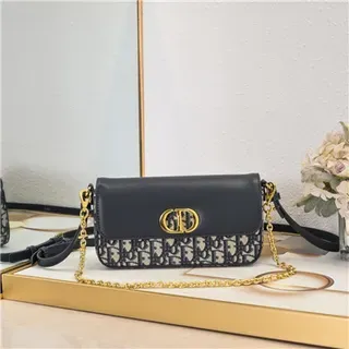 Dior Navy Gold Structured Flap Oblique-Print Canvas Chain Bag