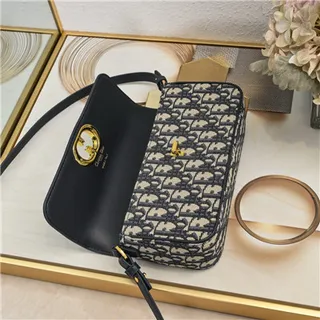 Dior Navy Gold Structured Flap Oblique-Print Canvas Chain Bag 4