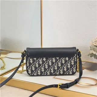 Dior Navy Gold Structured Flap Oblique-Print Canvas Chain Bag 9