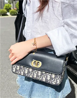 Dior Navy Gold Structured Flap Oblique-Print Canvas Chain Bag 13