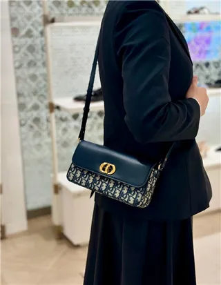 Dior Navy Gold Structured Flap Oblique-Print Canvas Chain Bag 15