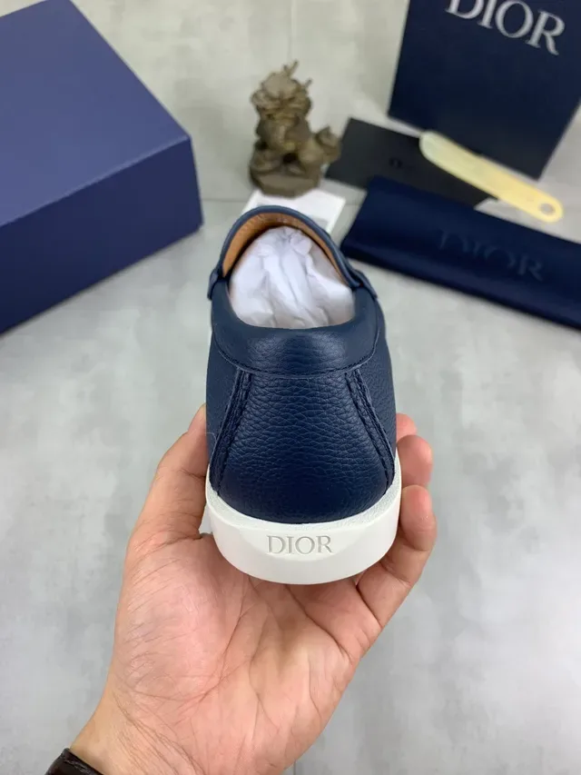 Dior Navy White Pebbled Leather CD Logo Buckle Loafer 3