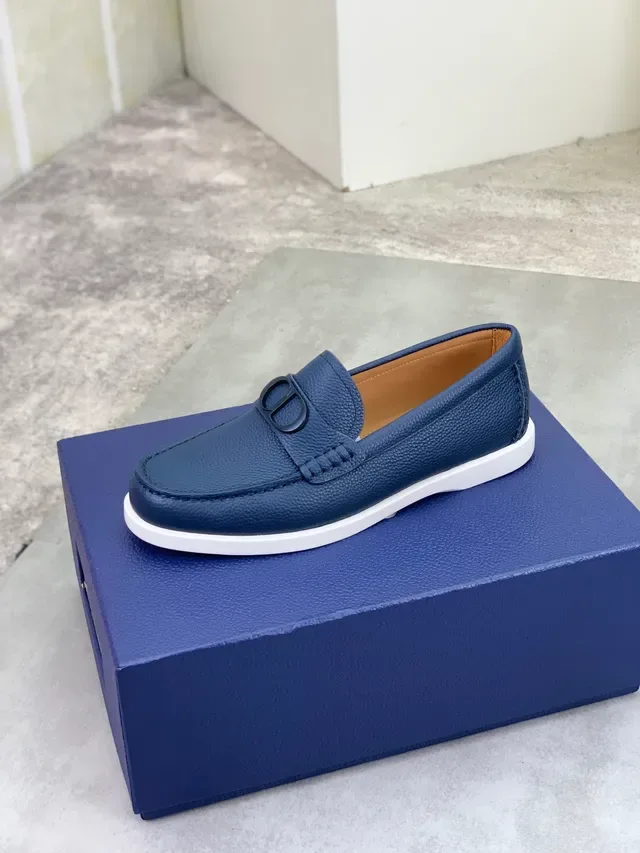 Dior Navy White Pebbled Leather CD Logo Buckle Loafer 4