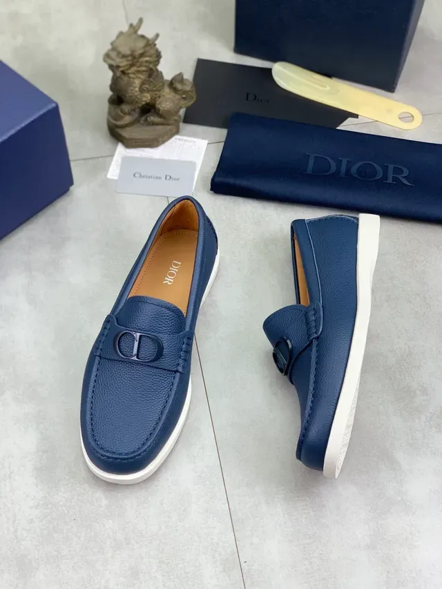 Dior Navy White Pebbled Leather CD Logo Buckle Loafer 5