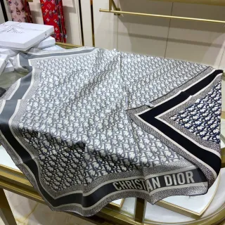 Dior Oblique Gray Navy Monogram-Print Border-Band Silk Scarf
