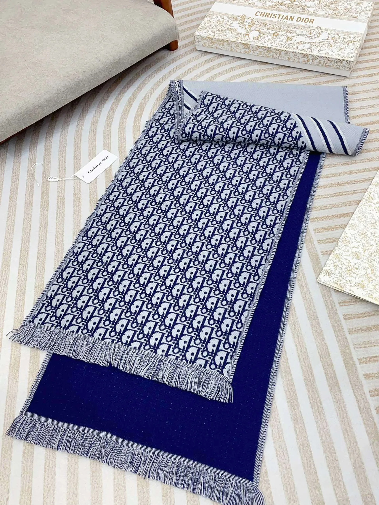 Dior Oblique Navy White Monogram Knit Fringed Edges écharpe 6
