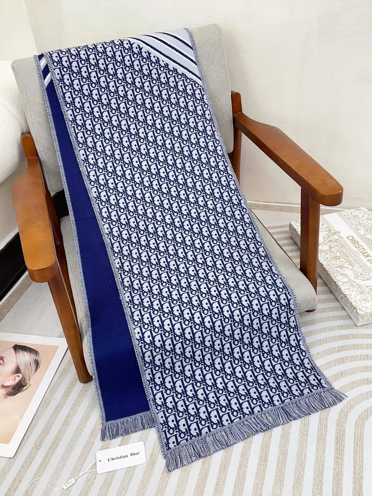 Dior Oblique Navy White Monogram Knit Fringed Edges écharpe 8