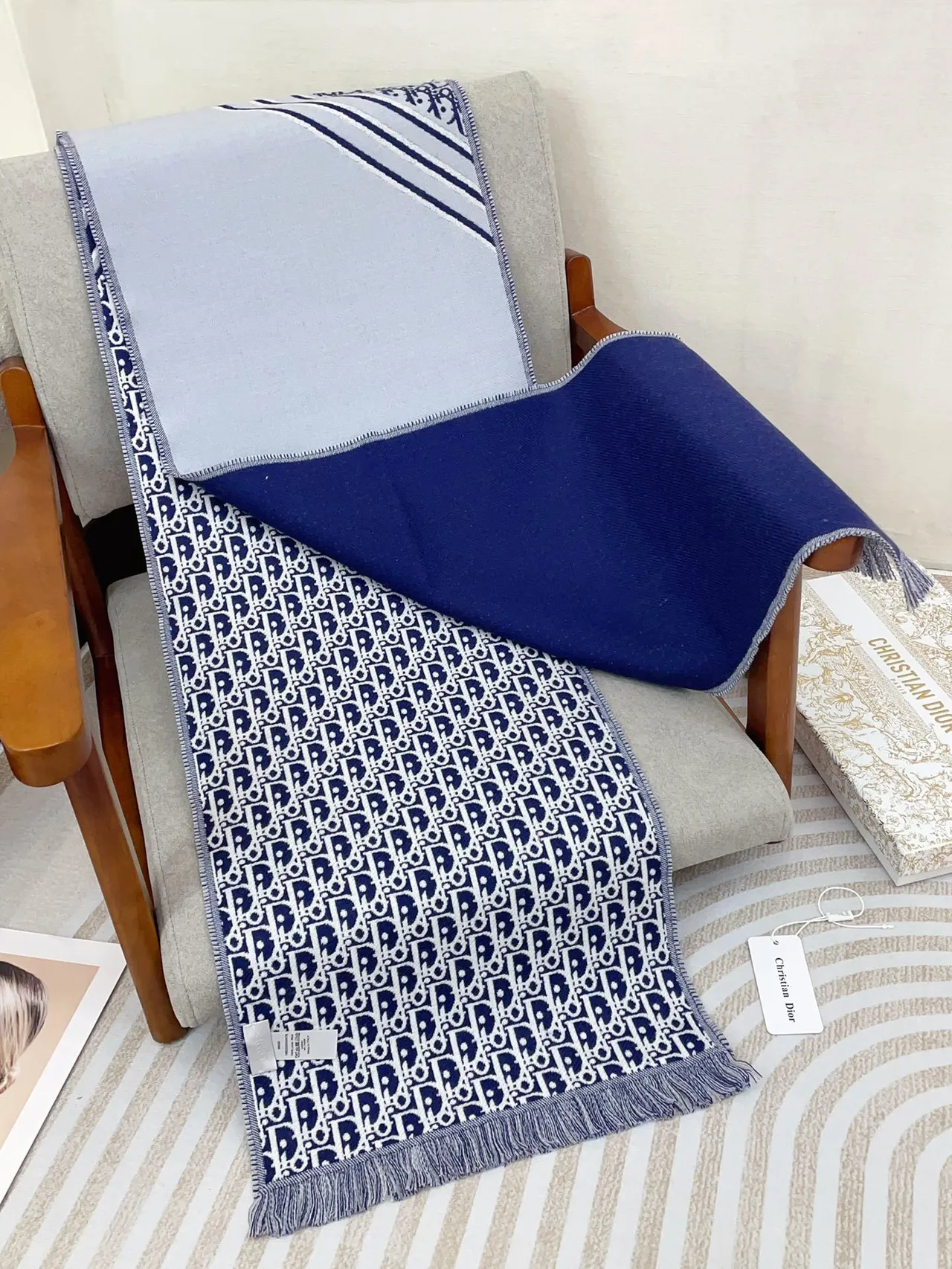 Dior Oblique Navy White Monogram Knit Fringed Edges écharpe 9