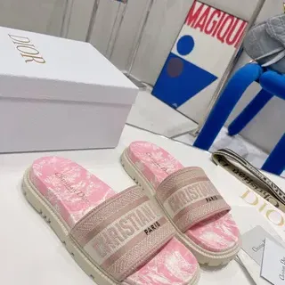 Dior Pink Beige Marbled Footbed Thick Ridged Platform Sole Slippers