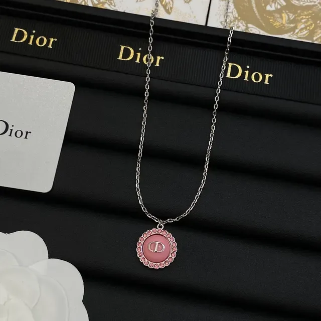 Dior Pendentif Circular Enamellé Rose Argent avec Biseau Incrusté de Cristaux 3