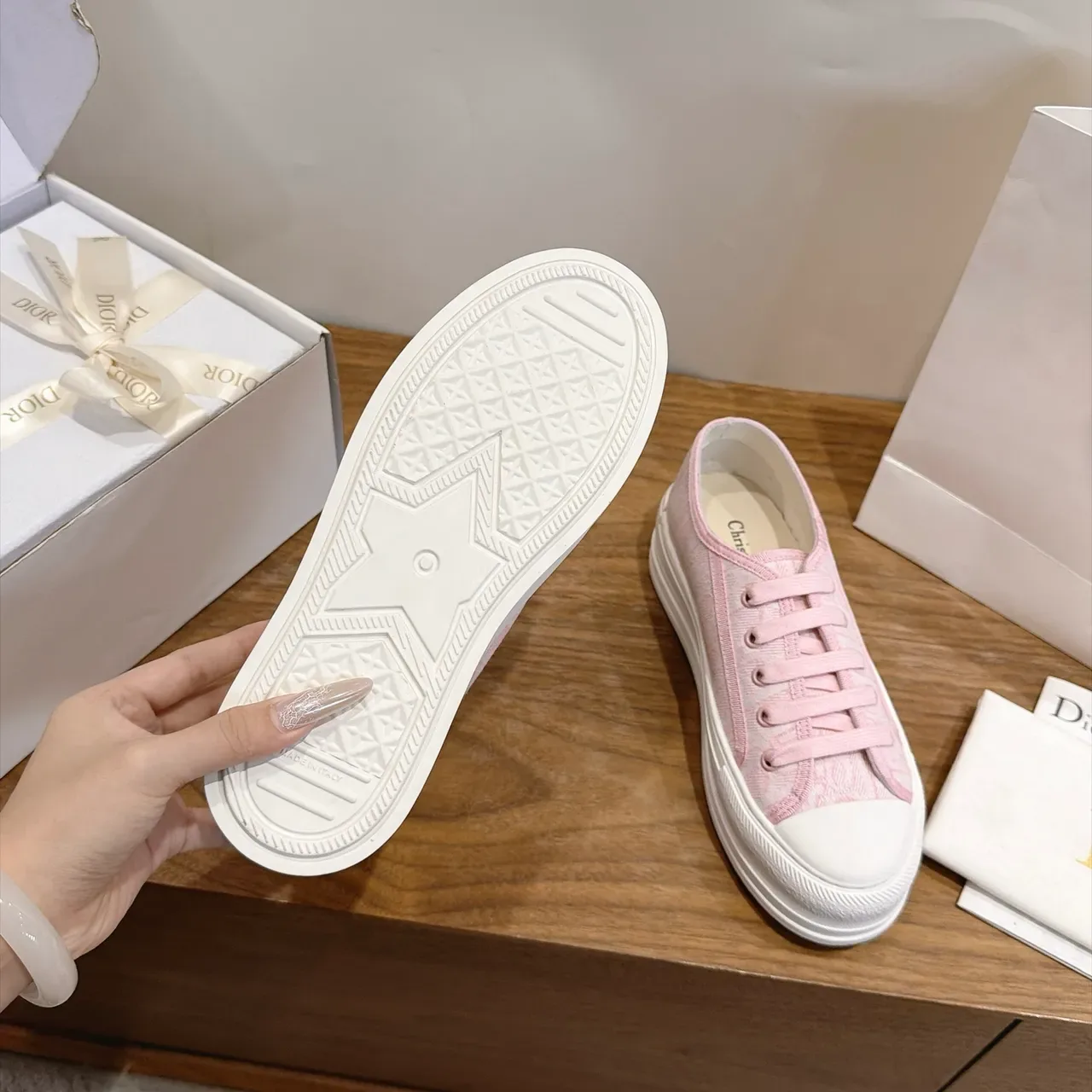 Dior Pink White Platform Sole Jacquard Canvas Upper Sneakers 3