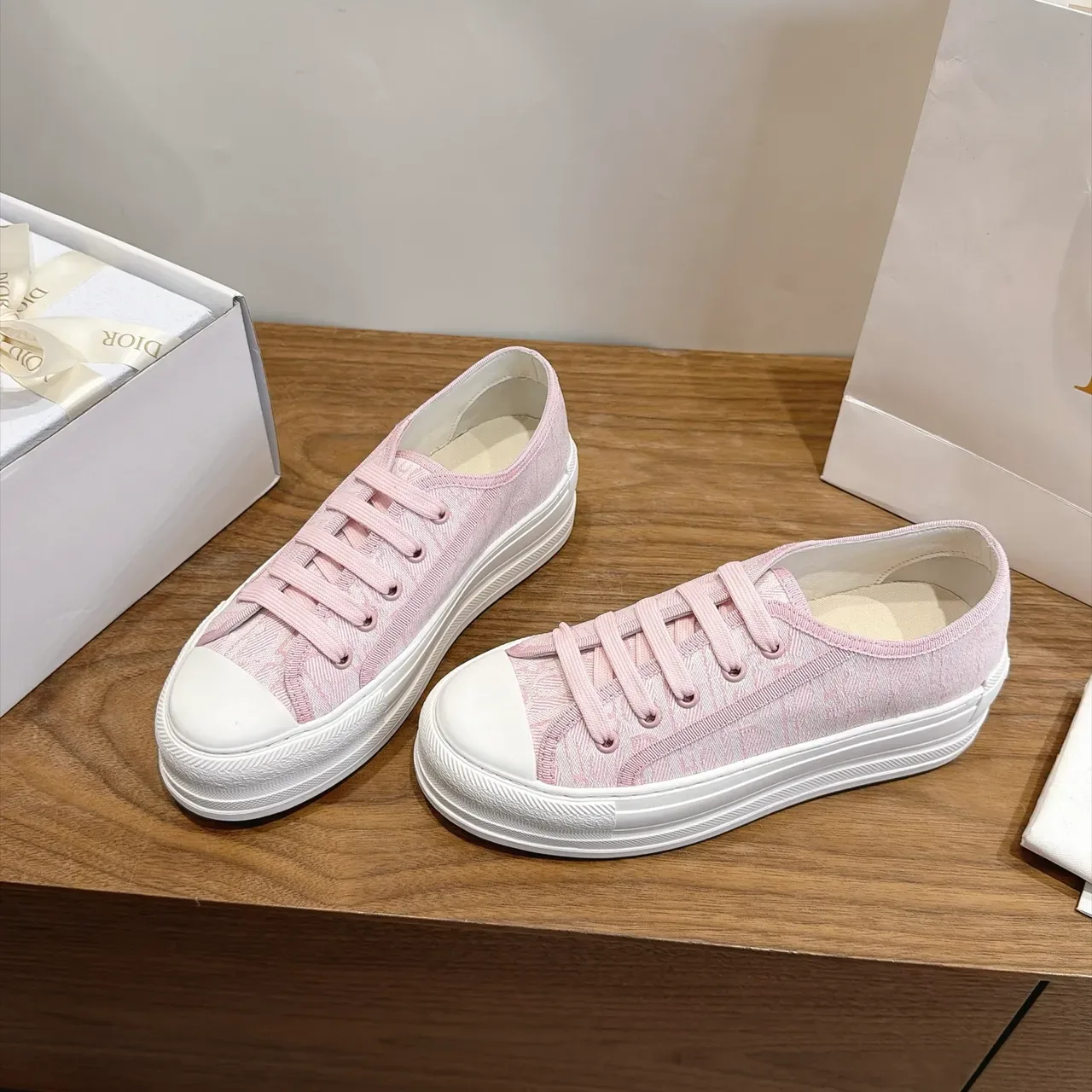 Dior Pink White Platform Sole Jacquard Canvas Upper Sneakers 5