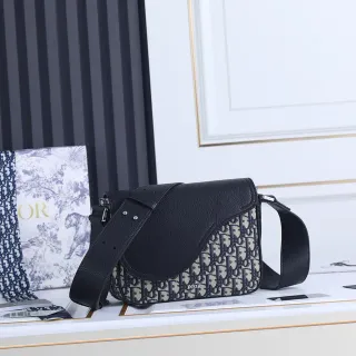 Dior Saddle Black Beige Asymmetrical Flap Pebbled Leather Saddle Bag