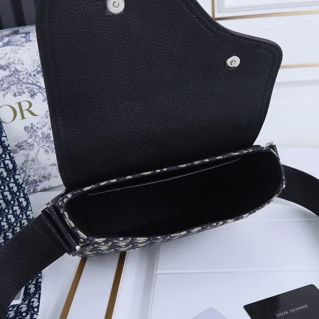 Dior Saddle Black Beige Asymmetrical Flap Pebbled Leather Saddle Bag 3