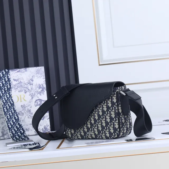 Dior Saddle Black Beige Asymmetrical Flap Pebbled Leather Saddle Bag 8