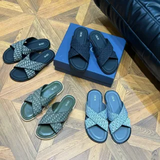 Dior Slide काला ग्रे क्रॉस स्ट्रैप मोनोग्राम फैब्रिक स्लिपर्स