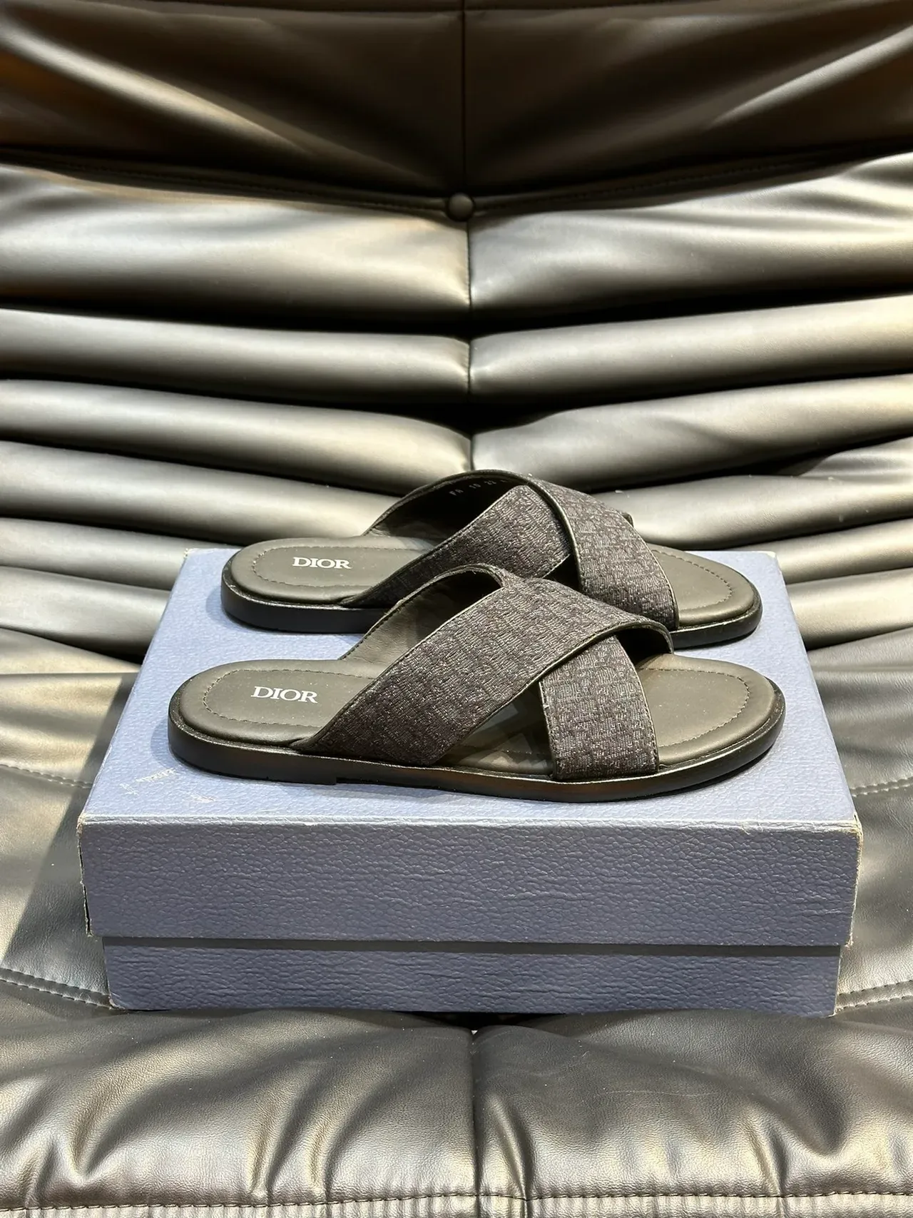 Dior Slide Black Gray Crossed Strap Monogram Fabric Slippers 4