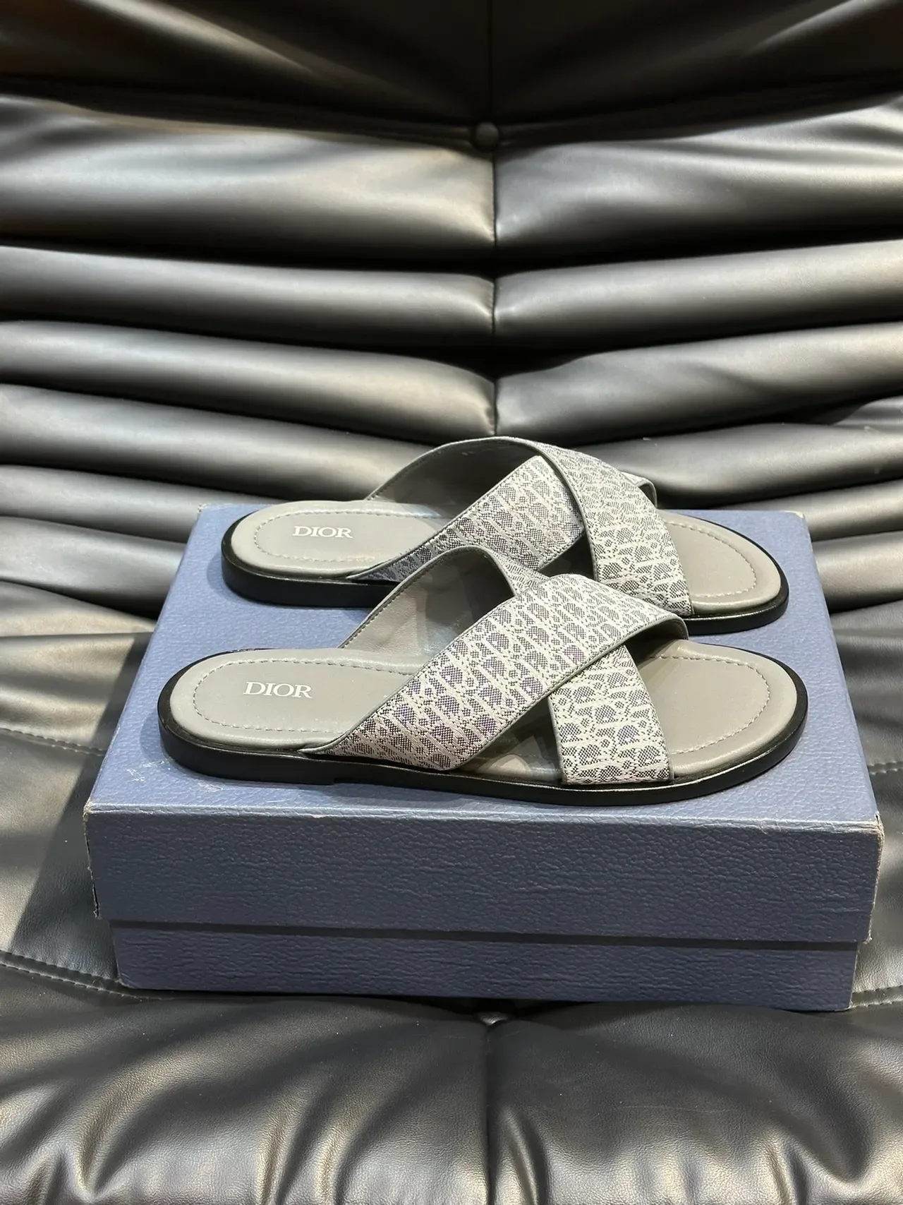 Dior Slide Black Gray Crossed Strap Monogram Fabric Slippers 5