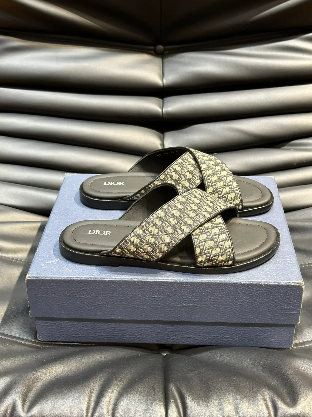 Dior Slide Black Gray Crossed Strap Monogram Fabric Slippers 6