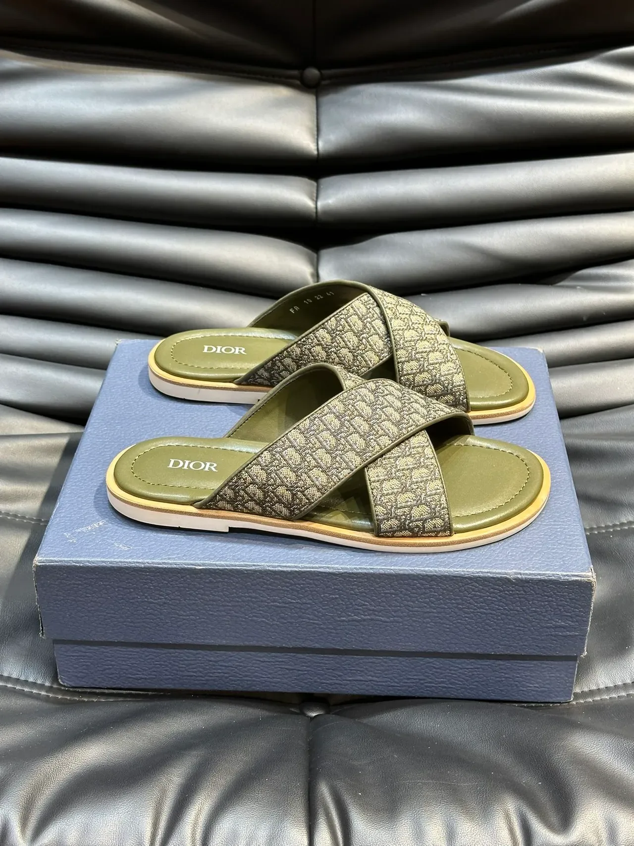 Dior Slide Black Gray Crossed Strap Monogram Fabric Slippers 7