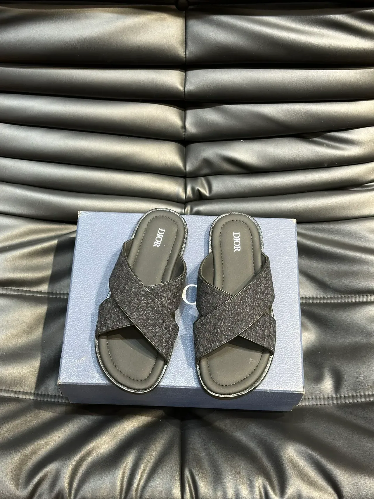 Dior Slide Black Gray Crossed Strap Monogram Fabric Slippers 8