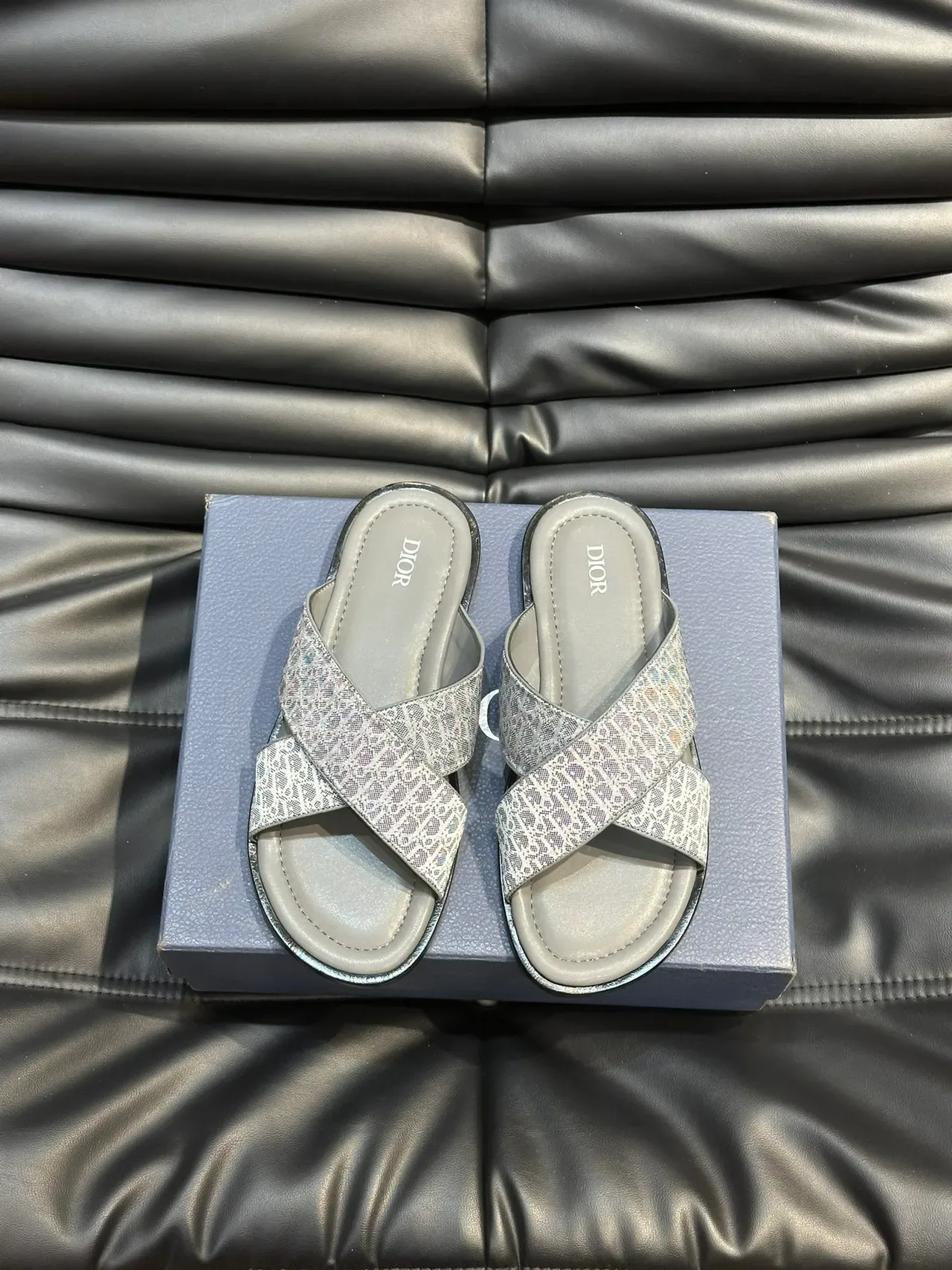 Dior Slide Black Gray Crossed Strap Monogram Fabric Slippers 9