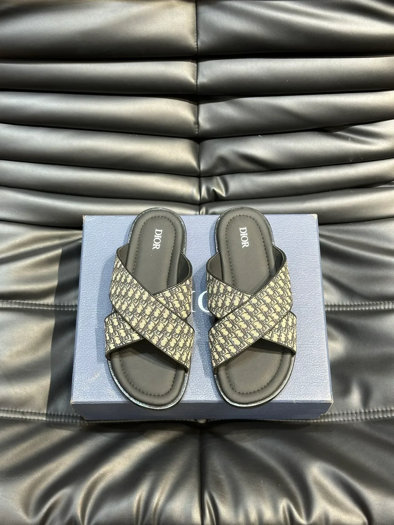 Dior Slide Black Gray Crossed Strap Monogram Fabric Slippers 10