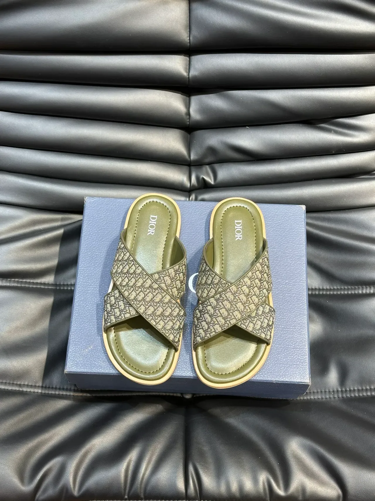 Dior Slide Black Gray Crossed Strap Monogram Fabric Slippers 11