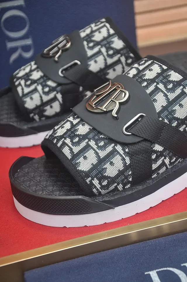 Dior Slide Black White Monogrammed Fabric Strap Metallic 'D' Buckle Slippers 2